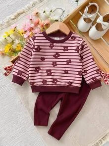 LMoss Kids Kids Baby Girl Knit Cartoon Flower Pattern Striped Soft Crew Neck Long Sleeve Pullover Sweatshirt And Elastic Waist Long Autumn Pants 2 Pieces Set - Multicolor - View 2