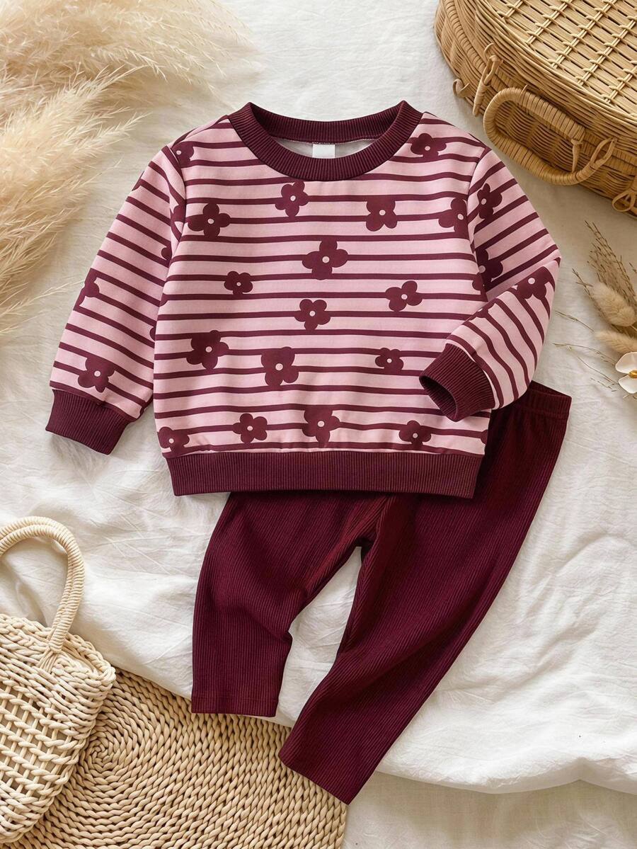 LMoss Kids Kids Baby Girl Knit Cartoon Flower Pattern Striped Soft Crew Neck Long Sleeve Pullover Sweatshirt And Elastic Waist Long Autumn Pants 2 Pieces Set - Multicolor - View 1