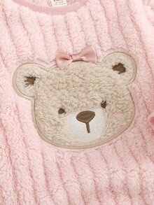 Cozy Pixies 女嬰卡通熊圖案 3D 粉色蝴蝶結保暖內裡加厚連帽長袖冬季連身衣，百搭舒適 - 粉色 - 查看 4