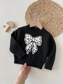 SHEIN 女嬰百搭休閒可愛黑色蝴蝶結圖案長袖秋冬毛衣 - 黑色 - 查看 5