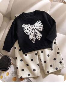 SHEIN 女嬰百搭休閒可愛黑色蝴蝶結圖案長袖秋冬毛衣 - 黑色 - 查看 1