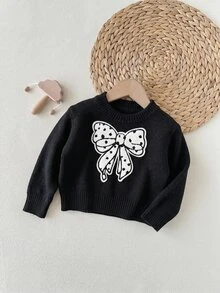 SHEIN 女嬰百搭休閒可愛黑色蝴蝶結圖案長袖秋冬毛衣 - 黑色 - 查看 3