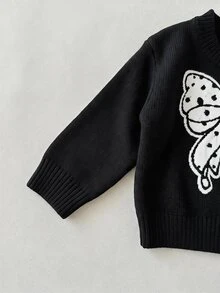 SHEIN 女嬰百搭休閒可愛黑色蝴蝶結圖案長袖秋冬毛衣 - 黑色 - 查看 6