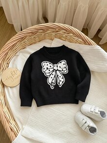 SHEIN 女嬰百搭休閒可愛黑色蝴蝶結圖案長袖秋冬毛衣 - 黑色 - 查看 4