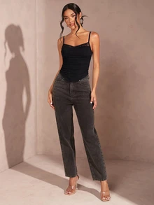 SHEIN BAE Women's Lace Patchwork Pleated Fashion Camisole Halloween Fall Clothes For Women ,Summer, Winter Clothes, Fall/Winter Halloween - Black - View 4