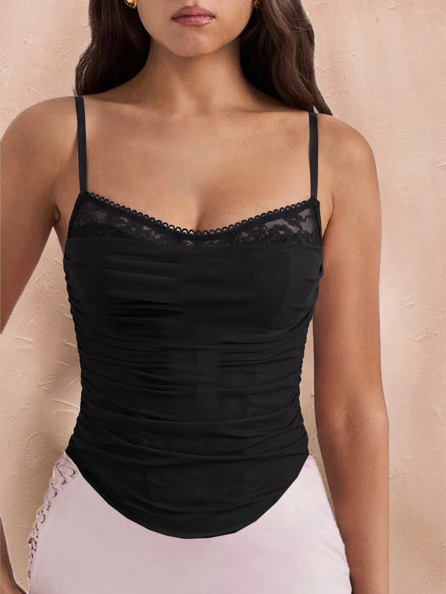 SHEIN BAE Women's Lace Patchwork Pleated Fashion Camisole Halloween Fall Clothes For Women ,Summer, Winter Clothes, Fall/Winter Halloween - Black - View 1