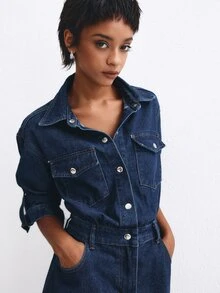 ATUI Studio Commute Denim Dress, Cotton Button Front Collared Dress, Minimalism Modern Effortless Chic Elevating Basics, Office - Blue - View 2