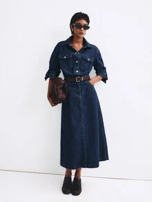 ATUI Studio Commute Denim Dress, Cotton Button Front Collared Dress, Minimalism Modern Effortless Chic Elevating Basics, Office - Blue - View 4