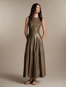 Anewsta Essential Gaun Wanita Tanpa Lengan Warna Cokelat dengan Belahan, Bahan PU, Elegan untuk Perjalanan Sehari-hari - Olive Green - View 5