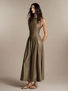 Anewsta Essential Gaun Wanita Tanpa Lengan Warna Cokelat dengan Belahan, Bahan PU, Elegan untuk Perjalanan Sehari-hari - Olive Green - View 6