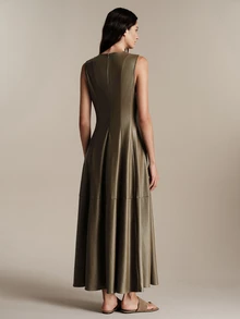 Anewsta Essential Gaun Wanita Tanpa Lengan Warna Cokelat dengan Belahan, Bahan PU, Elegan untuk Perjalanan Sehari-hari - Olive Green - View 2