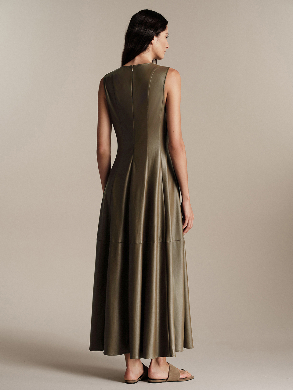 Anewsta Essential Elegant Commuter Sleeveless Women's Brown Split PU Dress