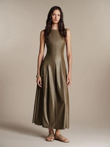 Anewsta Essential Gaun Wanita Tanpa Lengan Warna Cokelat dengan Belahan, Bahan PU, Elegan untuk Perjalanan Sehari-hari - Olive Green - View 3