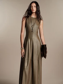 Anewsta Essential Gaun Wanita Tanpa Lengan Warna Cokelat dengan Belahan, Bahan PU, Elegan untuk Perjalanan Sehari-hari - Olive Green - View 1