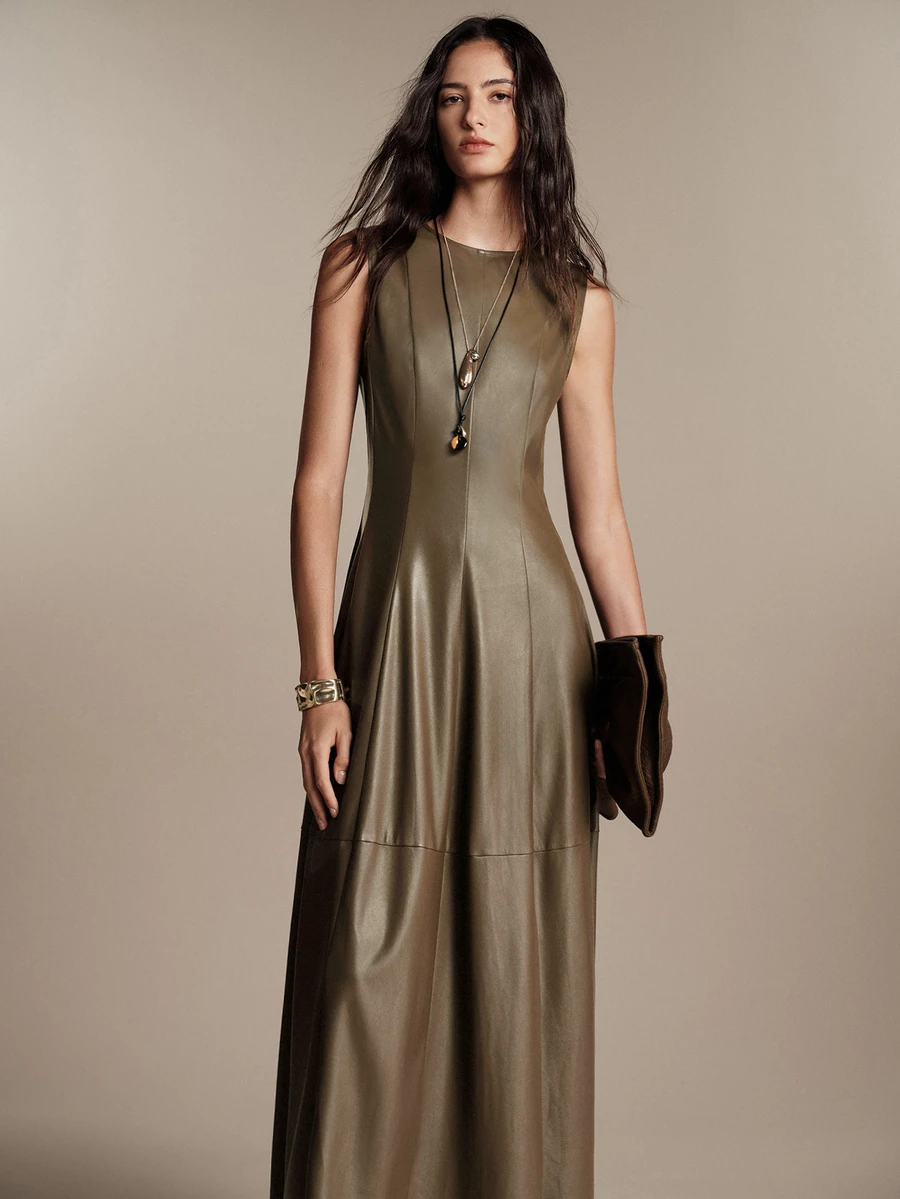 Anewsta Essential Gaun Wanita Tanpa Lengan Warna Cokelat dengan Belahan, Bahan PU, Elegan untuk Perjalanan Sehari-hari - Olive Green - View 1