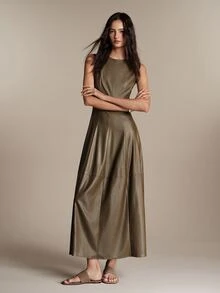 Anewsta Essential Gaun Wanita Tanpa Lengan Warna Cokelat dengan Belahan, Bahan PU, Elegan untuk Perjalanan Sehari-hari - Olive Green - View 4
