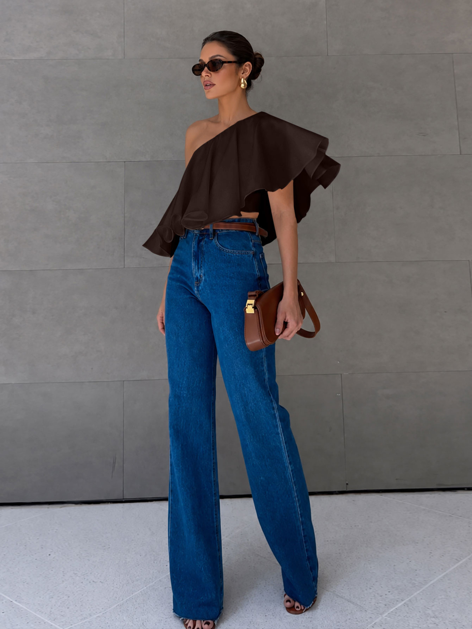 Anewsta Women's New Summer Casual Asymmetrical Shoulder Asymmetric Ruffle Solid Color Elegant Blouse, Suitable For Daily Wear, Vacation And Commuting