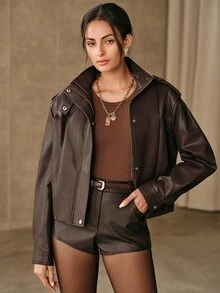 Anewsta 女款復古人造皮革機車飛行員夾克 高領拉鍊式寬鬆外套 - 棕色 - 查看 5