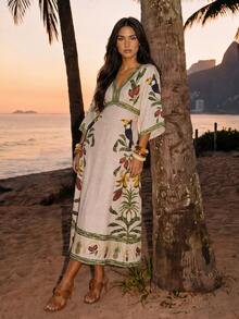 CAJUNI Women's Vacation V-Neck Toucan Print Dress Beachwear - Multicolor - View 6