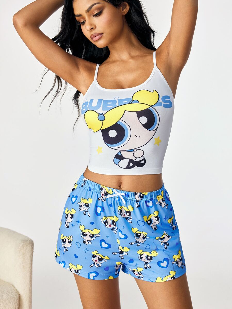 THE POWERPUFF GIRLS X SHEIN Women's Letter Print Camisole Top And Shorts Pajama Set - Blue - View 1