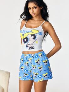 THE POWERPUFF GIRLS X SHEIN Women's Letter Print Camisole Top And Shorts Pajama Set - Blue - View 5