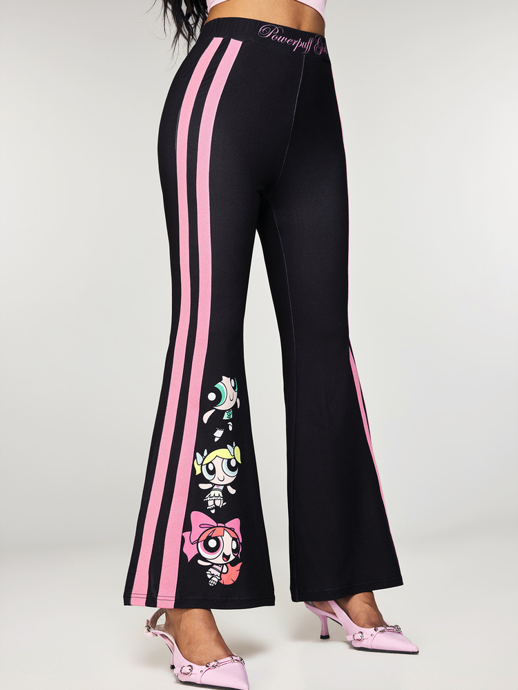 THE POWERPUFF GIRLS X SHEIN 女款側條紋喇叭褲 健身黑色與粉色 Y2K 街頭風 - 黑色 - 查看 4