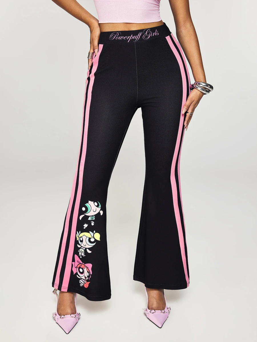 THE POWERPUFF GIRLS X SHEIN Women's Side Stripe Flare Leggings - Black - View 1