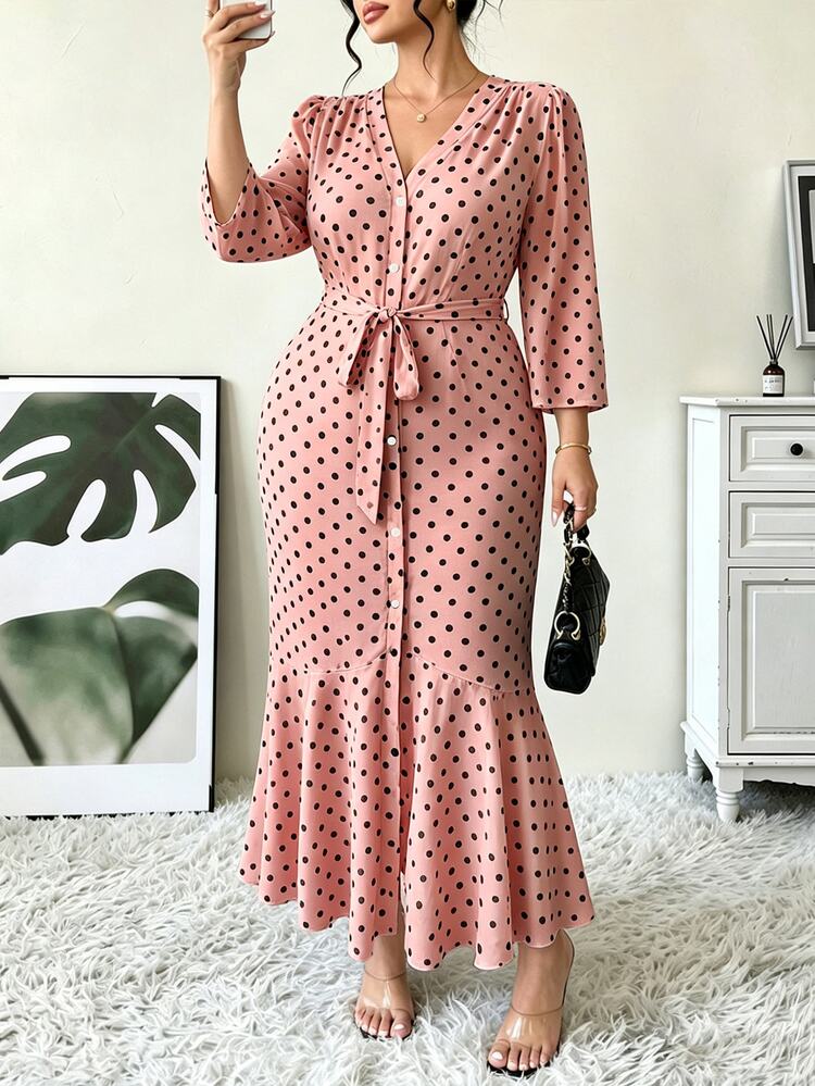Elenzga French Elegant V-Neck 3/4 Sleeve Long Polka Dot Dress Fall - Dusty Pink - View 3