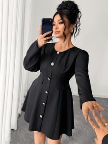 Elenzga Gaun Wanita Ukuran Besar Lengan Panjang Kancing Tunggal Elegan Ringan untuk Musim Gugur - Hitam - View 3