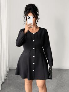 Elenzga Gaun Wanita Ukuran Besar Lengan Panjang Kancing Tunggal Elegan Ringan untuk Musim Gugur - Hitam - View 5