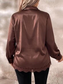 EMERY ROSE Plus Size Women Solid Color Casual Elegant Versatile Daily Long Sleeve Shirt Autumn Formal Brunch Brown - Brown - View 2