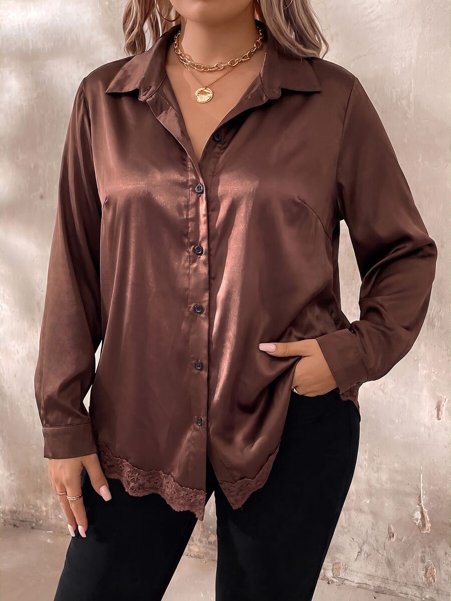 EMERY ROSE Plus Size Women Solid Color Casual Elegant Versatile Daily Long Sleeve Shirt Autumn Formal Brunch Brown - Brown - View 1