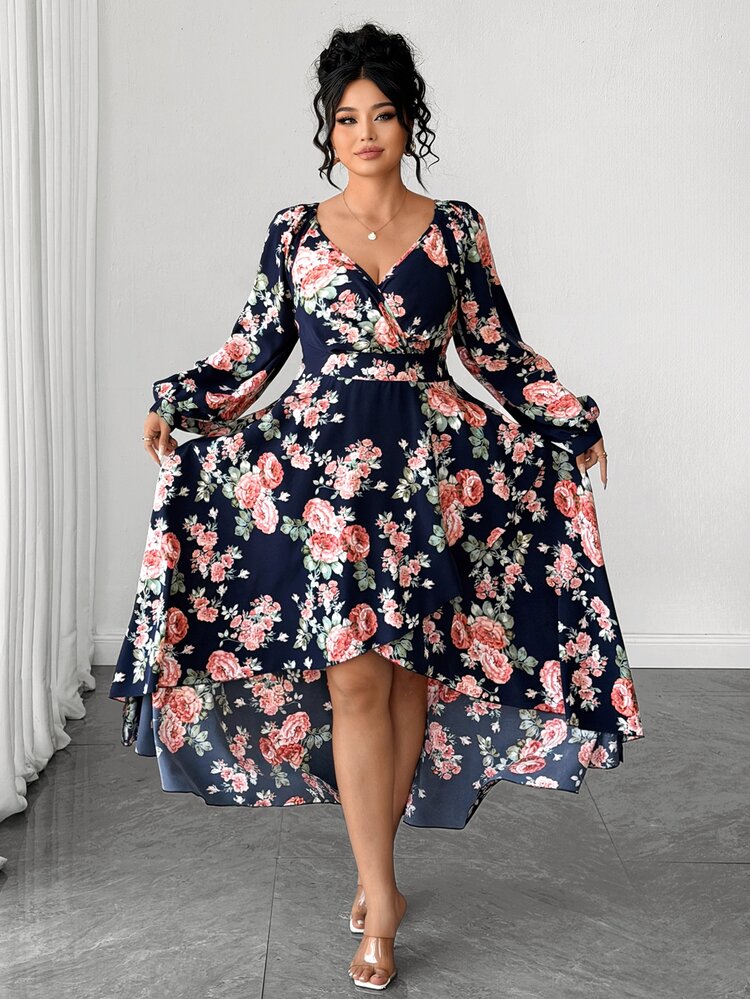Elenzga Plus Size Wedding Navy Blue Tie Dye Blurred Floral Print Cold Shoulder Dress, Autumn Long Sleeve Front Short Back Long Cinched Waist Evening Celestial - Green - View 6