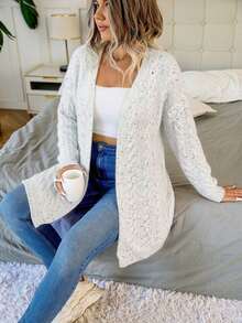 Vionelle Plus Size Women's Cable Knit Drop Shoulder Long Sleeve Loose Cardigan - White - View 1