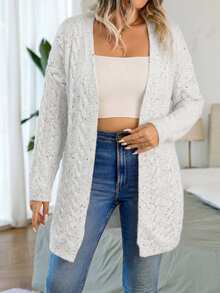 Vionelle Plus Size Women's Cable Knit Drop Shoulder Long Sleeve Loose Cardigan - White - View 6