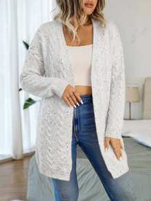 Vionelle Plus Size Women's Cable Knit Drop Shoulder Long Sleeve Loose Cardigan - White - View 4