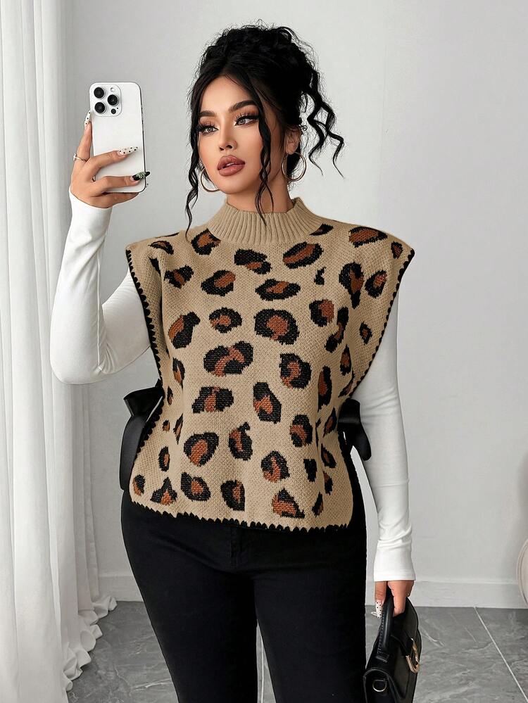 Elenzga Women's Autumn/Winter Elegant Fashion Leopard Print Tie-Up Sleeveless Loose Slimming Plus Size Knit Vest Sweater, Casual Top - Camel - View 1