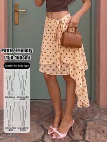 SHEIN PETITE 女款法式棕色波點印花不對稱下擺迷你裙，度假、節慶穿搭，夏秋季，小個子約會派對浪漫復古可愛 - 黃色 - 查看 12