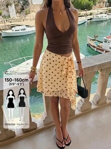 SHEIN PETITE 女款法式棕色波點印花不對稱下擺迷你裙，度假、節慶穿搭，夏秋季，小個子約會派對浪漫復古可愛 - 黃色 - 查看 15