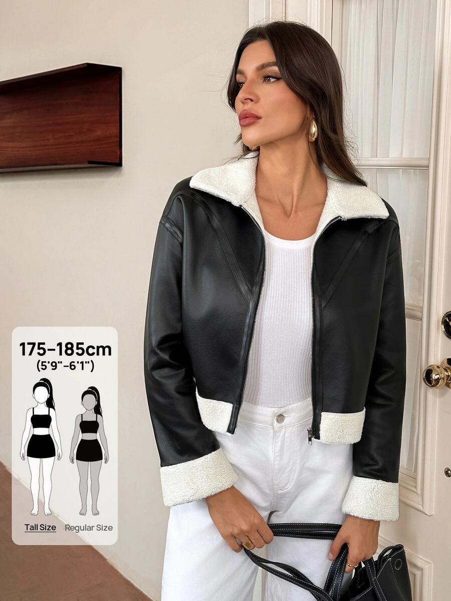 SHEIN Tall جاكيت نسائي كاجوال للخريف بتصميم رقعات وحافة من الفرو الصناعي مع سحاب أمامي - الأسود - مشاهدة 1