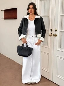 SHEIN Tall جاكيت نسائي كاجوال للخريف بتصميم رقعات وحافة من الفرو الصناعي مع سحاب أمامي - الأسود - مشاهدة 3