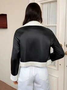 SHEIN Tall جاكيت نسائي كاجوال للخريف بتصميم رقعات وحافة من الفرو الصناعي مع سحاب أمامي - الأسود - مشاهدة 2
