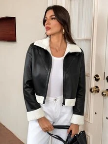 SHEIN Tall جاكيت نسائي كاجوال للخريف بتصميم رقعات وحافة من الفرو الصناعي مع سحاب أمامي - الأسود - مشاهدة 7