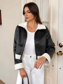 SHEIN Tall جاكيت نسائي كاجوال للخريف بتصميم رقعات وحافة من الفرو الصناعي مع سحاب أمامي - الأسود - مشاهدة 4