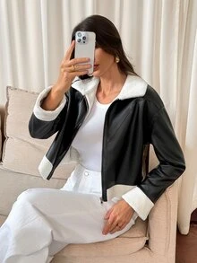 SHEIN Tall جاكيت نسائي كاجوال للخريف بتصميم رقعات وحافة من الفرو الصناعي مع سحاب أمامي - الأسود - مشاهدة 6