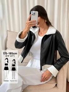 SHEIN Tall جاكيت نسائي كاجوال للخريف بتصميم رقعات وحافة من الفرو الصناعي مع سحاب أمامي - الأسود - مشاهدة 9