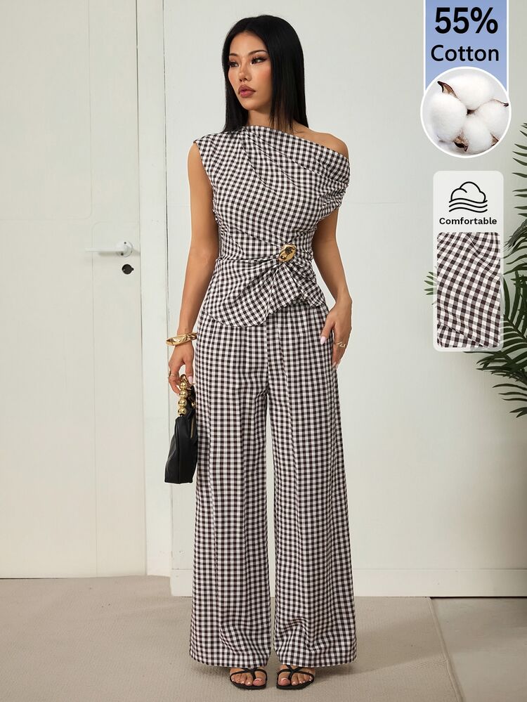 SHEIN PETITE Women's Black And White Plaid Cold Shoulder Two Pieces Set With Metal Decor Suitable For Office Brunch Going Out Wear Summer French Elegant - Brown - View 11