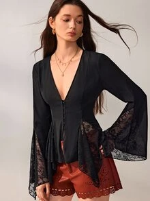 Willow Rêve 女款黑色雪紡襯衫，對比花卉蕾絲，前扣鈕扣，V領，喇叭長袖，秋季哥德風性感，萬聖節夜晚派對，性感上衣 - 黑色 - 查看 3