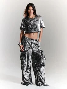 BAD SUNDAY Women's Fall Winter Party Clubbing Night Sequin Cargo Pants, Y2K Sexy Retro Hot Girl Fashion Christmas Halloween Black - Black - View 2