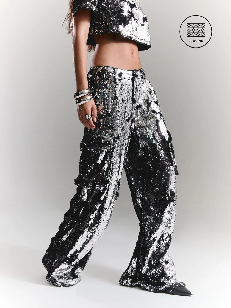 BAD SUNDAY Women's Fall Winter Party Clubbing Night Sequin Cargo Pants, Y2K Sexy Retro Hot Girl Fashion Christmas Halloween Black - Black - View 1